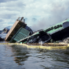 Image of a train derailment and spill into the Mississippi River